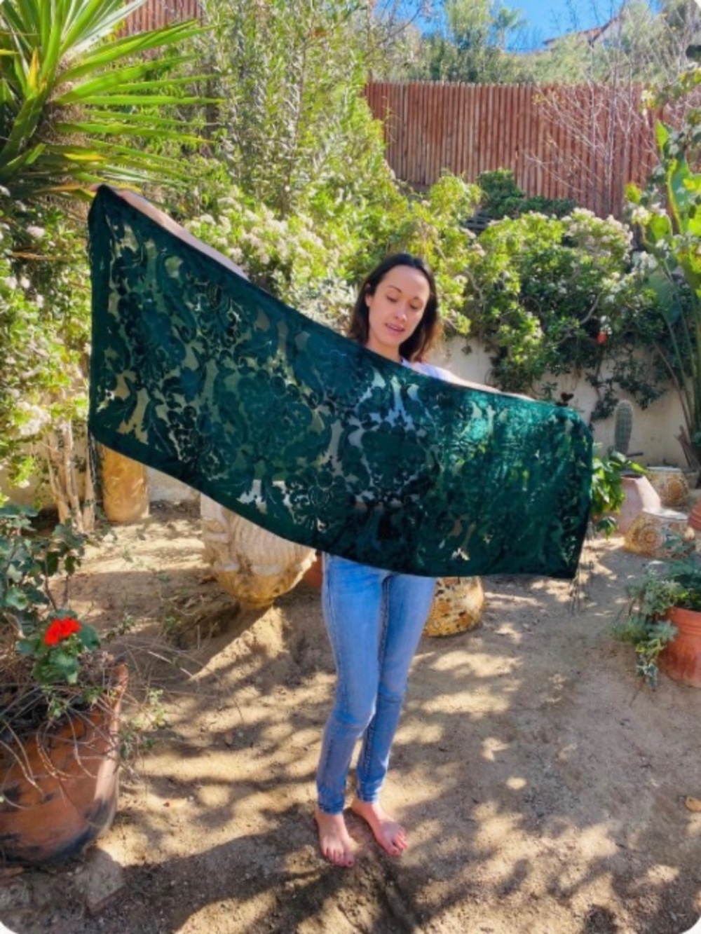 Beautiful Green Velvet Scarf, Semi Sheer, Burn out, Fringed, Piano Scarf, Damask